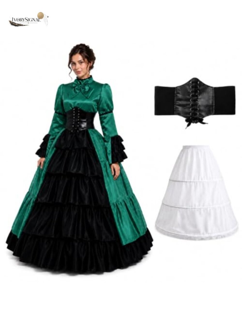 Victorian Gothic Rococo Dress Costume w/ Corset Belt Hoop Skirt